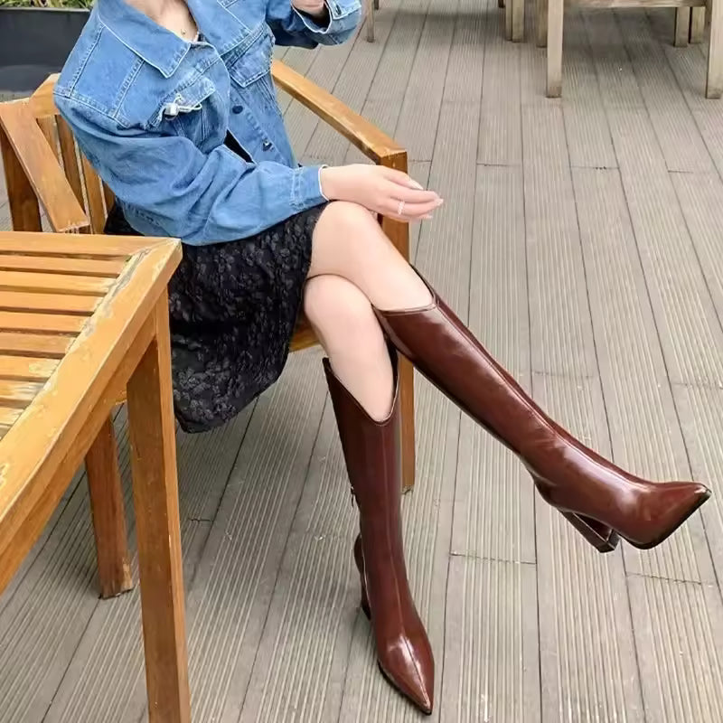 Women Boots Temperament Pointed Leather Boot V-port Design Women Knee-high Boot Sexy Chunky High Heeled Boots Botas Largas Mujer - CB037