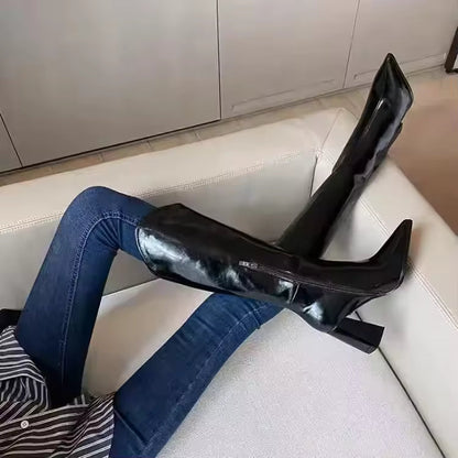 Women Boots Temperament Pointed Leather Boot V-port Design Women Knee-high Boot Sexy Chunky High Heeled Boots Botas Largas Mujer - CB037