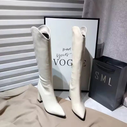Women Boots Temperament Pointed Leather Boot V-port Design Women Knee-high Boot Sexy Chunky High Heeled Boots Botas Largas Mujer - CB037