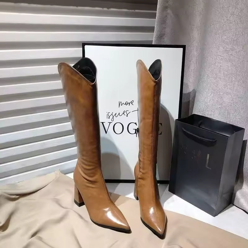 Women Boots Temperament Pointed Leather Boot V-port Design Women Knee-high Boot Sexy Chunky High Heeled Boots Botas Largas Mujer - CB037