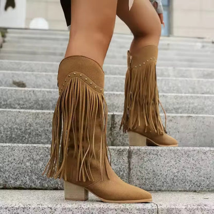 Women Mid-calf Boots Leopard Tassel Design Boots Retro Suede Western Cowboy Boots Temperament Pointed Toe High Heel Cowboy Boot - CB034