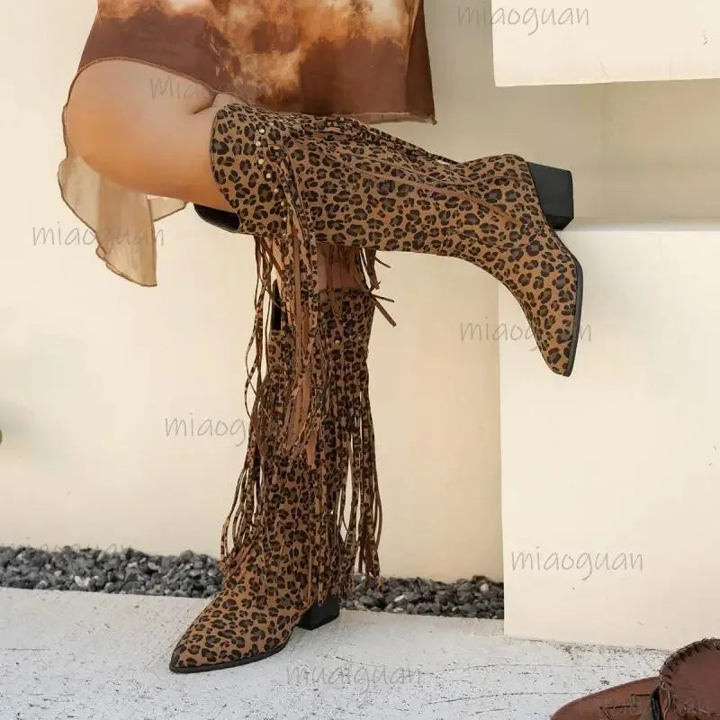 Women Mid-calf Boots Leopard Tassel Design Boots Retro Suede Western Cowboy Boots Temperament Pointed Toe High Heel Cowboy Boot - CB034