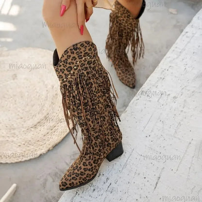 Women Mid-calf Boots Leopard Tassel Design Boots Retro Suede Western Cowboy Boots Temperament Pointed Toe High Heel Cowboy Boot - CB034