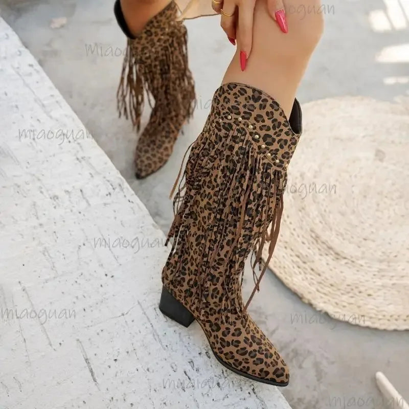 Women Mid-calf Boots Leopard Tassel Design Boots Retro Suede Western Cowboy Boots Temperament Pointed Toe High Heel Cowboy Boot - CB034