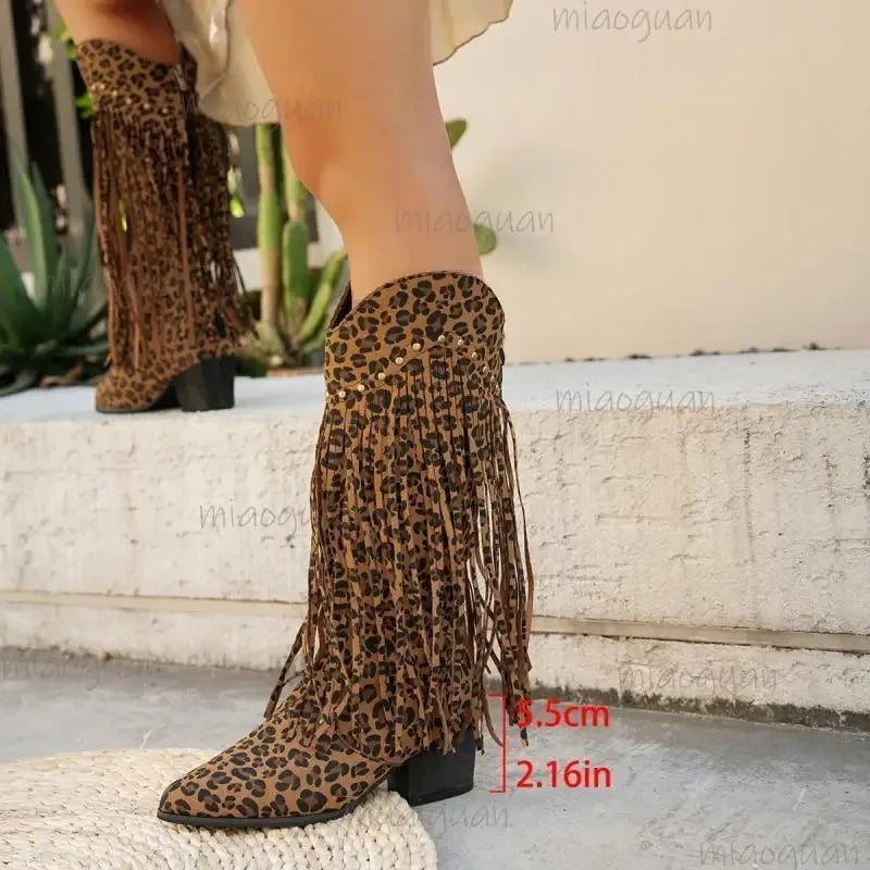 Women Mid-calf Boots Leopard Tassel Design Boots Retro Suede Western Cowboy Boots Temperament Pointed Toe High Heel Cowboy Boot - CB034