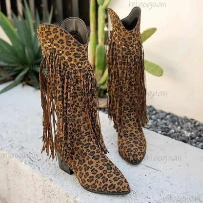 Women Mid-calf Boots Leopard Tassel Design Boots Retro Suede Western Cowboy Boots Temperament Pointed Toe High Heel Cowboy Boot - CB034