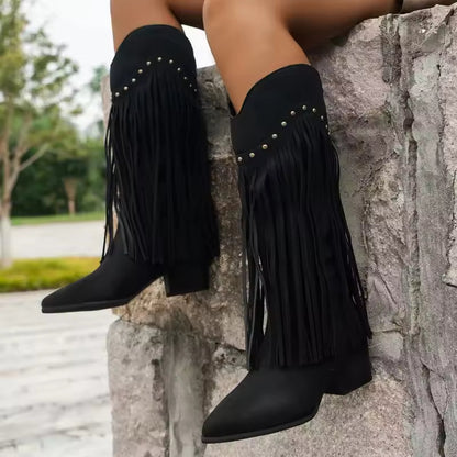 Women Mid-calf Boots Leopard Tassel Design Boots Retro Suede Western Cowboy Boots Temperament Pointed Toe High Heel Cowboy Boot - CB034