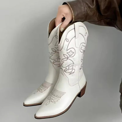 Women's Boots Classic Embroidery Western Cowboy Boots Fashion Pointe Mid Calf Boot High Quality Leather Boots Women Knight Botas - CB009