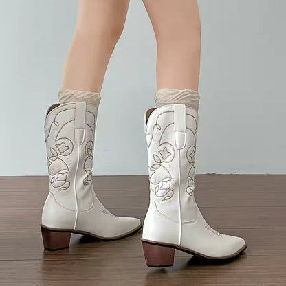 Women's Boots Classic Embroidery Western Cowboy Boots Fashion Pointe Mid Calf Boot High Quality Leather Boots Women Knight Botas - CB009