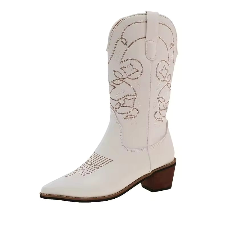 Women's Boots Classic Embroidery Western Cowboy Boots Fashion Pointe Mid Calf Boot High Quality Leather Boots Women Knight Botas - CB009