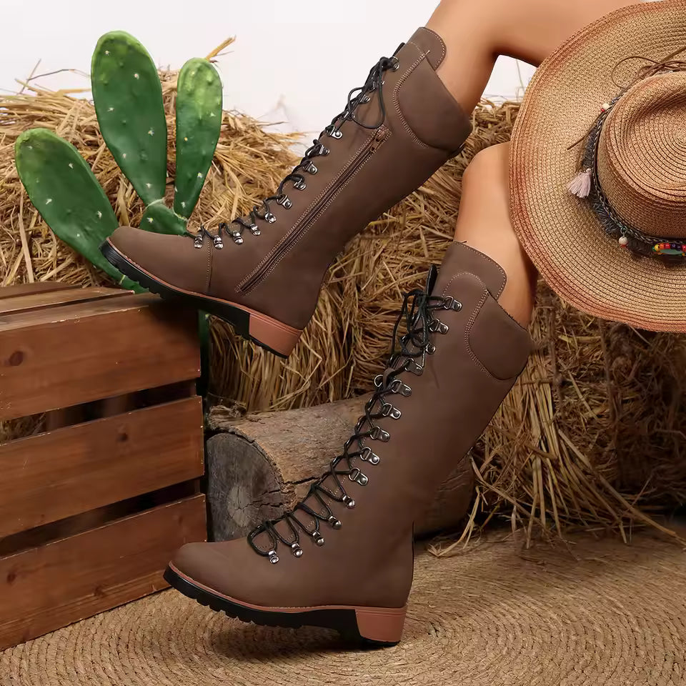 Womens Boots Fashion Mid-calf Boots High Quality Casual Leather Boot Lace Up Platform Boot Women Knight Boots Botas Largas Mujer - CB010