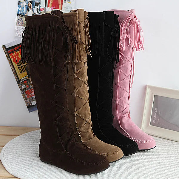 Women's Fringe Knee-High Boots Lace-Up Design, Retro Trendy Versatile Fashion Footwear - CB030