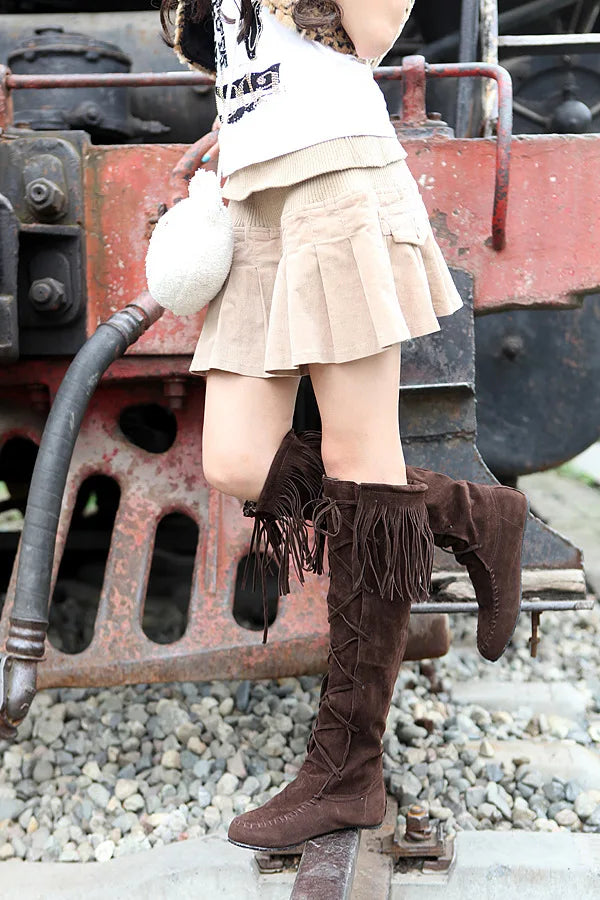 Women's Fringe Knee-High Boots Lace-Up Design, Retro Trendy Versatile Fashion Footwear - CB030