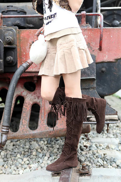 Women's Fringe Knee-High Boots Lace-Up Design, Retro Trendy Versatile Fashion Footwear - CB030