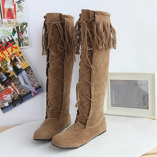 Women's Fringe Knee-High Boots Lace-Up Design, Retro Trendy Versatile Fashion Footwear - CB030