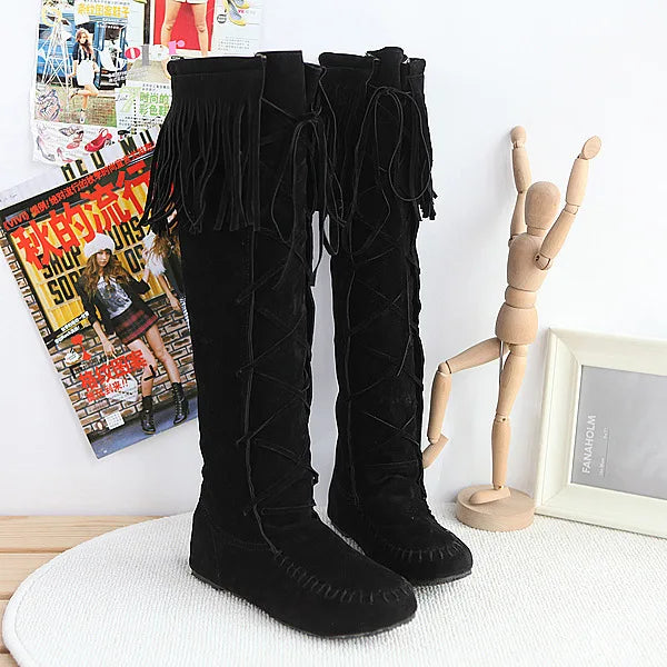 Women's Fringe Knee-High Boots Lace-Up Design, Retro Trendy Versatile Fashion Footwear - CB030