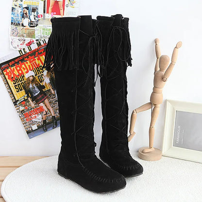 Women's Fringe Knee-High Boots Lace-Up Design, Retro Trendy Versatile Fashion Footwear - CB030
