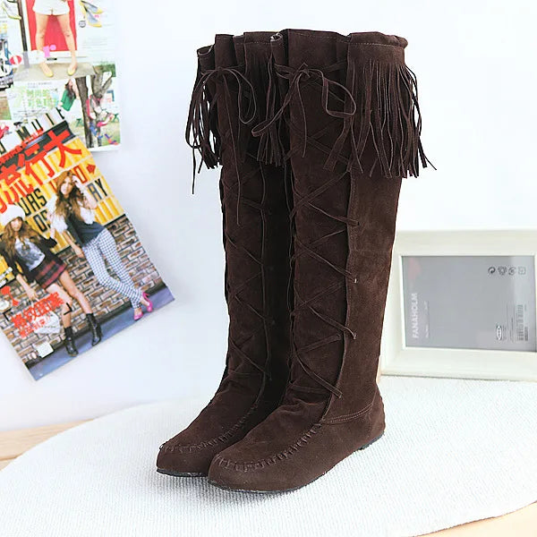 Women's Fringe Knee-High Boots Lace-Up Design, Retro Trendy Versatile Fashion Footwear - CB030