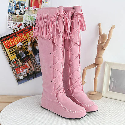 Women's Fringe Knee-High Boots Lace-Up Design, Retro Trendy Versatile Fashion Footwear - CB030