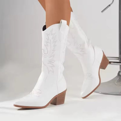 Women's Mid-calf Boots Quality Casual Leather Boots Fashion Pointed Platform Heeled Boot Classic Embroidery Western Cowboy Boots - CB008