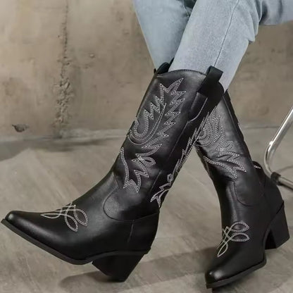 Women's Mid-calf Boots Quality Casual Leather Boots Fashion Pointed Platform Heeled Boot Classic Embroidery Western Cowboy Boots - CB008