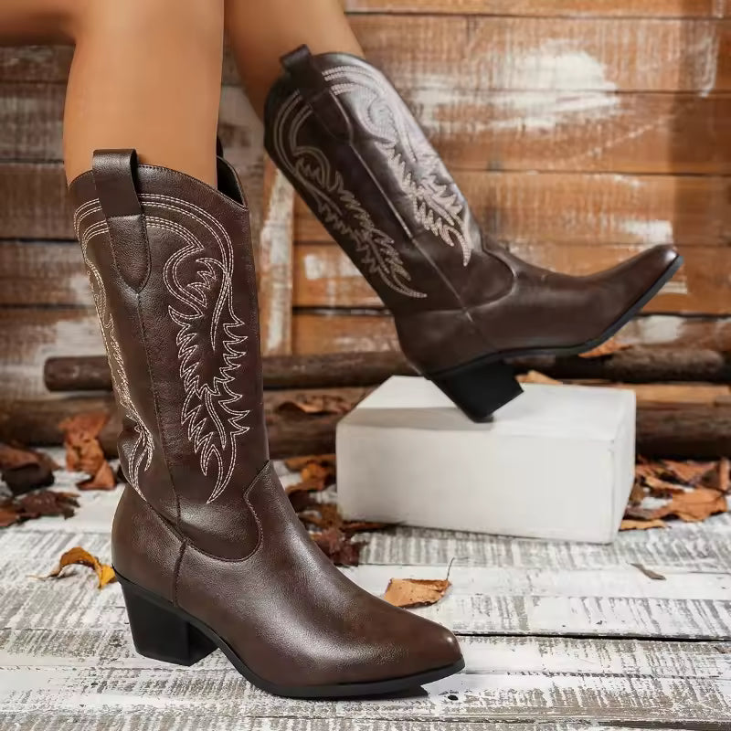 Women's Mid-calf Boots Quality Casual Leather Boots Fashion Pointed Platform Heeled Boot Classic Embroidery Western Cowboy Boots - CB008