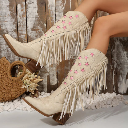 Women's Mid-Calf Star Embroidered Boots High Heel Western Style Autumn New Tassel Western Boots for Women Rubber Botas Feminino - CB042
