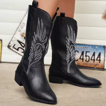 Women's Mid-Calf Star Embroidered Boots High Heel Western Style Autumn New Tassel Western Boots for Women Rubber Botas Feminino - CB043
