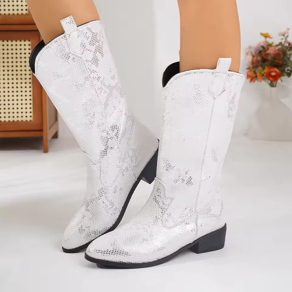 Women's Mid-Calf Star Embroidered Boots High Heel Western Style Autumn New Tassel Western Boots for Women Rubber Botas Feminino - CB043