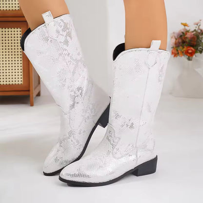 Women's Mid-Calf Star Embroidered Boots High Heel Western Style Autumn New Tassel Western Boots for Women Rubber Botas Feminino - CB043
