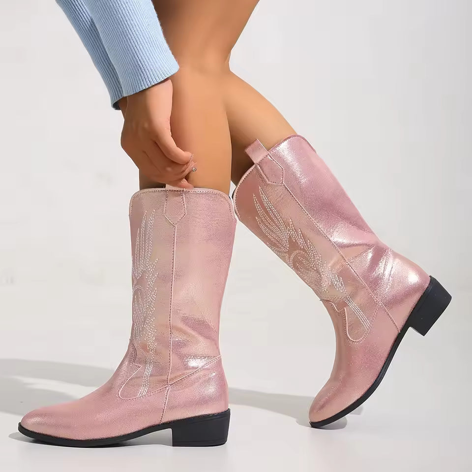 Women's Mid-Calf Star Embroidered Boots High Heel Western Style Autumn New Tassel Western Boots for Women Rubber Botas Feminino - CB043
