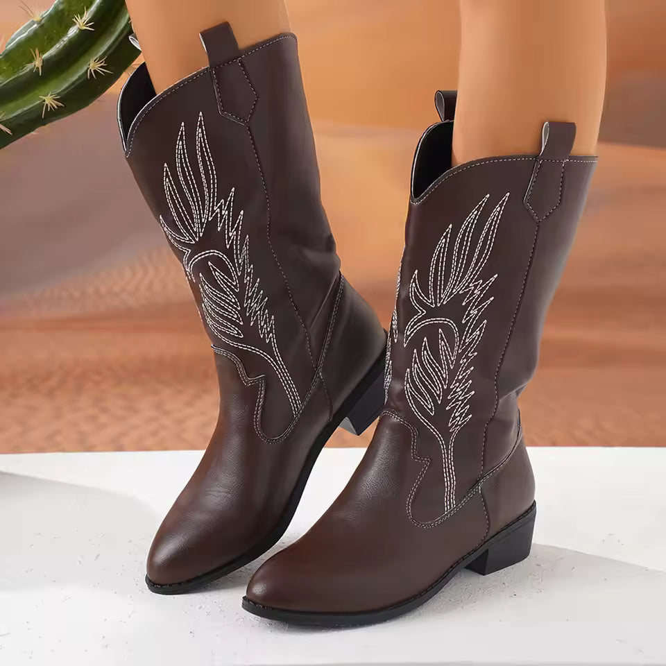 Women's Mid-Calf Star Embroidered Boots High Heel Western Style Autumn New Tassel Western Boots for Women Rubber Botas Feminino - CB043