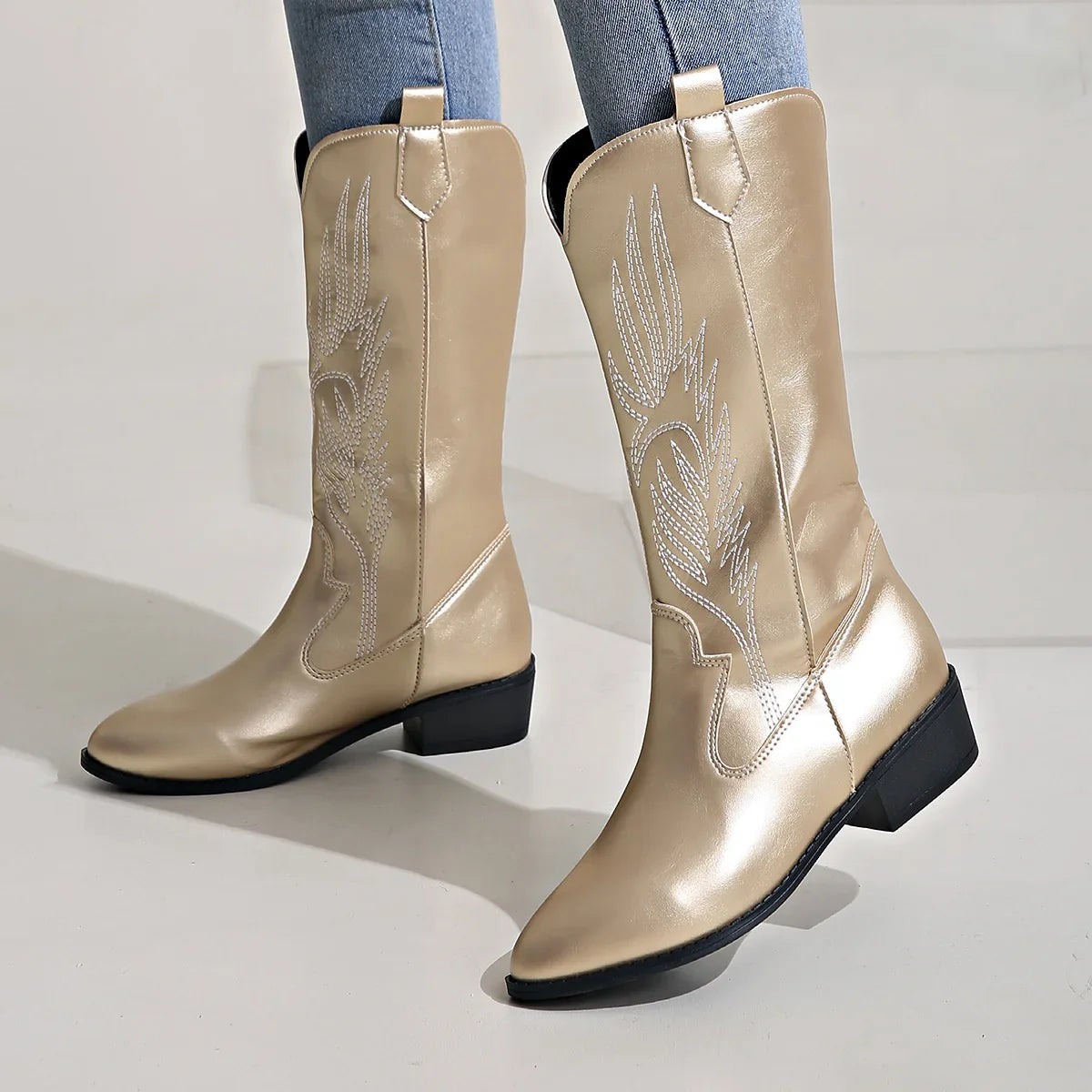 Women's Mid-Calf Star Embroidered Boots High Heel Western Style Autumn New Tassel Western Boots for Women Rubber Botas Feminino - CB043
