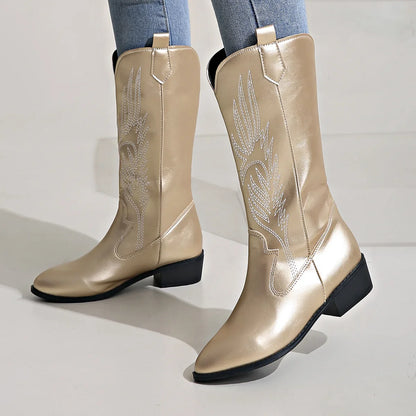 Women's Mid-Calf Star Embroidered Boots High Heel Western Style Autumn New Tassel Western Boots for Women Rubber Botas Feminino - CB043