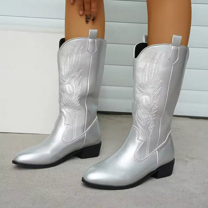Women's Mid-Calf Star Embroidered Boots High Heel Western Style Autumn New Tassel Western Boots for Women Rubber Botas Feminino - CB043