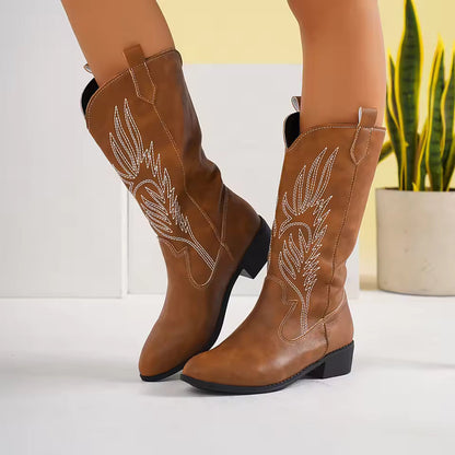 Women's Mid-Calf Star Embroidered Boots High Heel Western Style Autumn New Tassel Western Boots for Women Rubber Botas Feminino - CB043