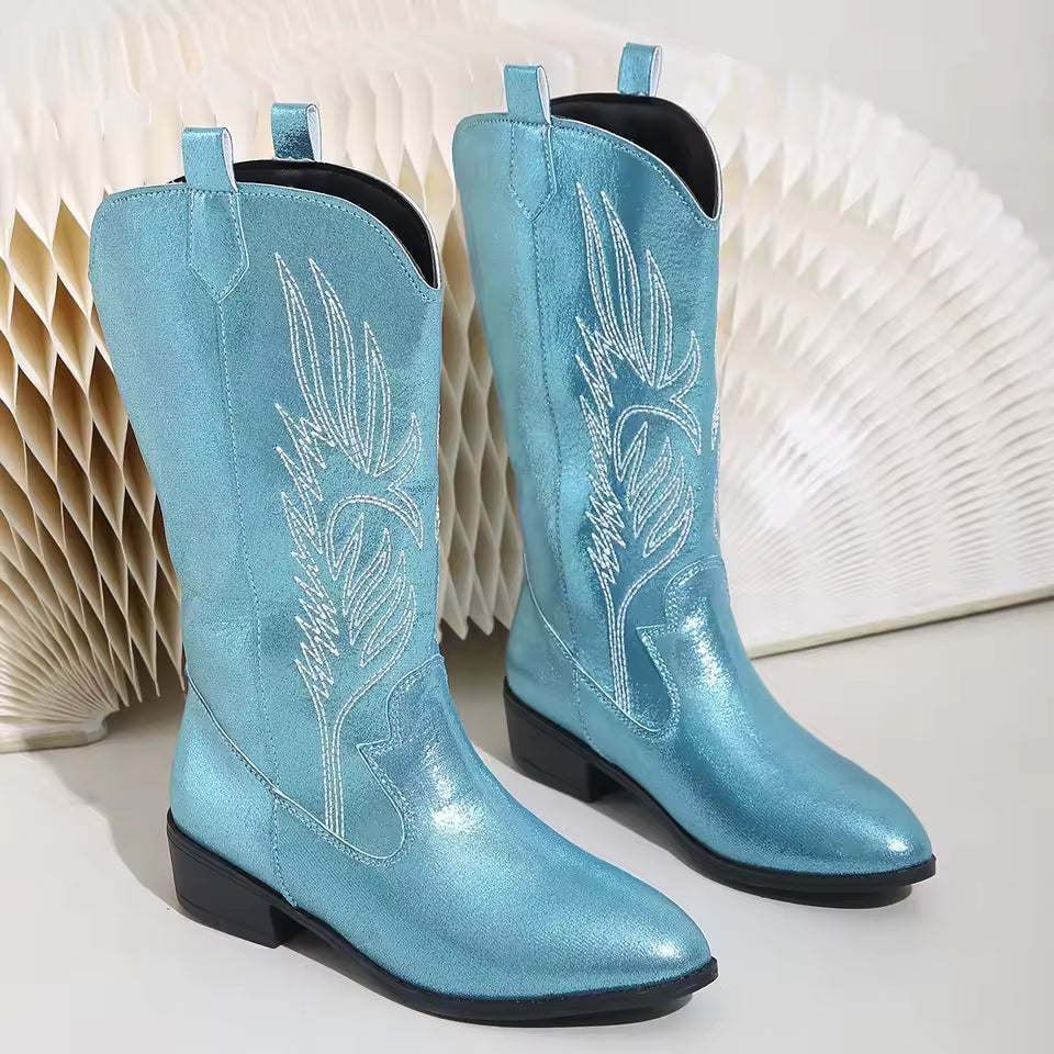 Women's Mid-Calf Star Embroidered Boots High Heel Western Style Autumn New Tassel Western Boots for Women Rubber Botas Feminino - CB043