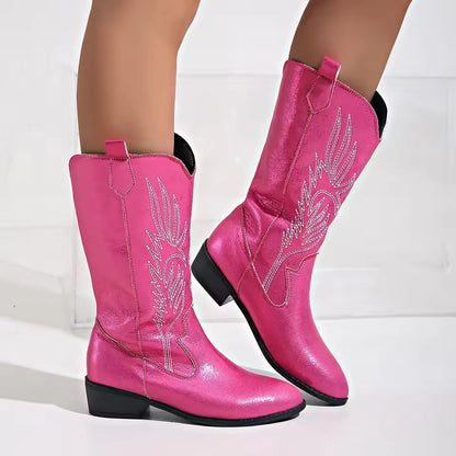 Women's Mid-Calf Star Embroidered Boots High Heel Western Style Autumn New Tassel Western Boots for Women Rubber Botas Feminino - CB043