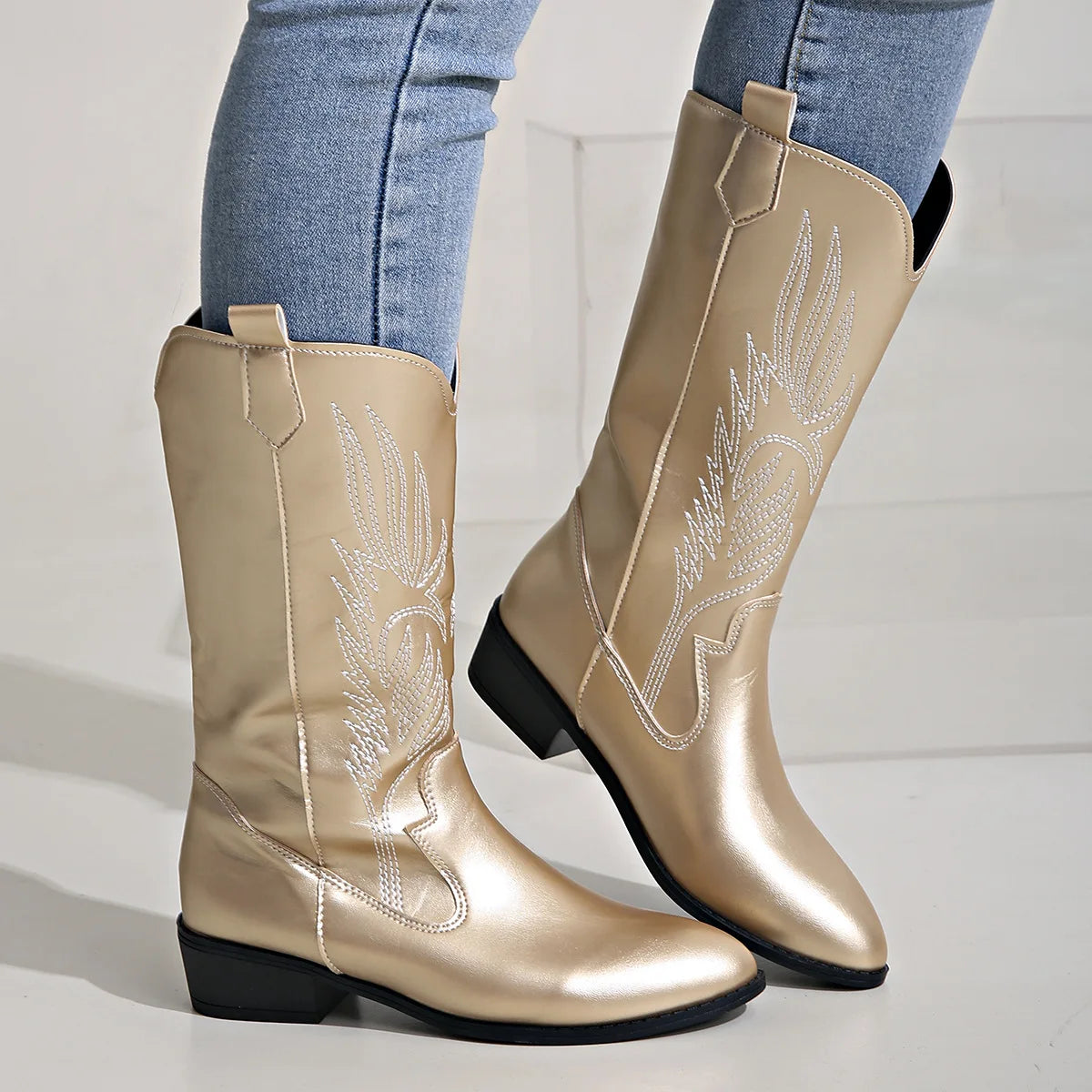 Women's Mid-Calf Star Embroidered Boots High Heel Western Style Autumn New Tassel Western Boots for Women Rubber Botas Feminino - CB043