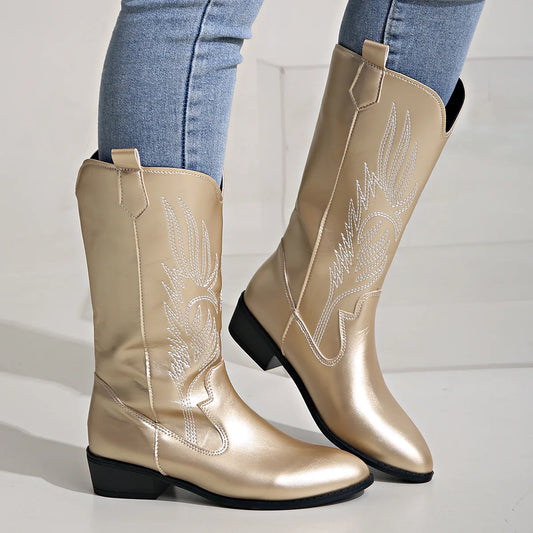 Women's Mid-Calf Star Embroidered Boots High Heel Western Style Autumn New Tassel Western Boots for Women Rubber Botas Feminino - CB043