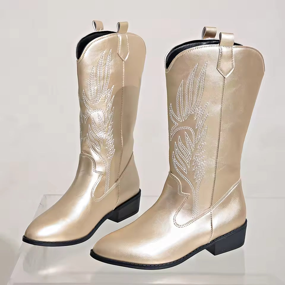 Women's Mid-Calf Star Embroidered Boots High Heel Western Style Autumn New Tassel Western Boots for Women Rubber Botas Feminino - CB043