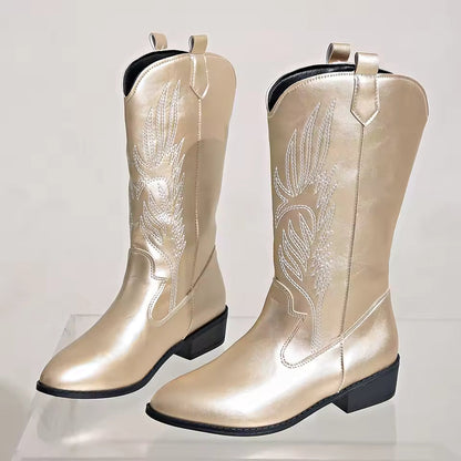 Women's Mid-Calf Star Embroidered Boots High Heel Western Style Autumn New Tassel Western Boots for Women Rubber Botas Feminino - CB043