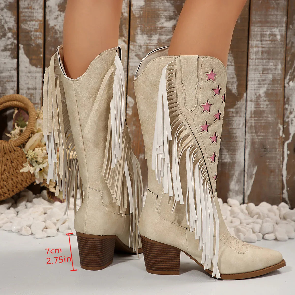 Women's Mid-Calf Star Embroidered Boots High Heel Western Style Autumn New Tassel Western Boots for Women Rubber Botas Feminino - CB042