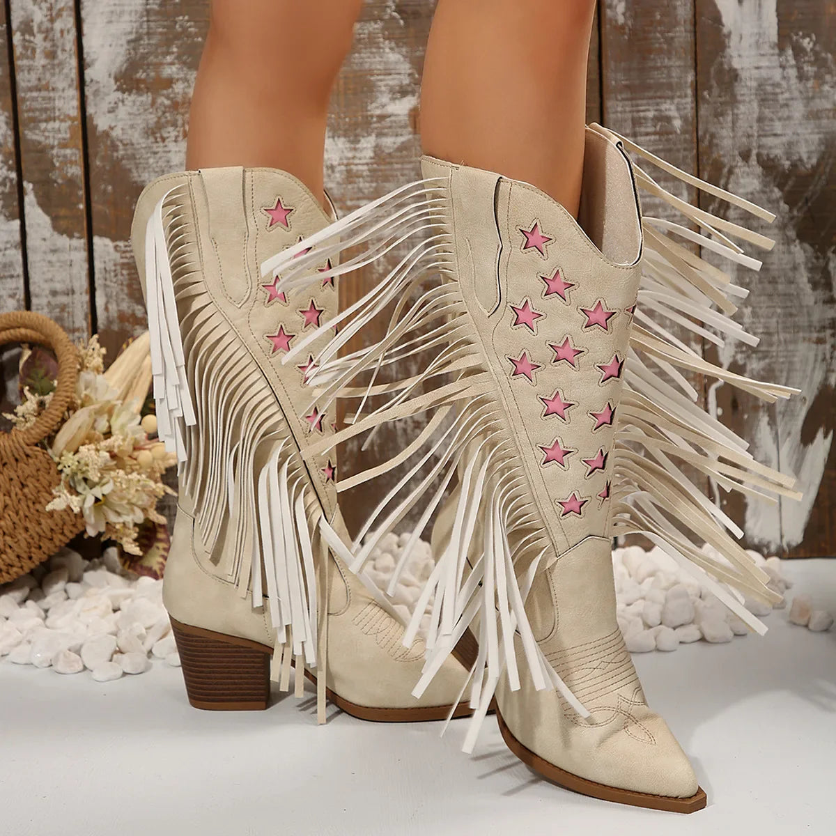 Women's Mid-Calf Star Embroidered Boots High Heel Western Style Autumn New Tassel Western Boots for Women Rubber Botas Feminino - CB042
