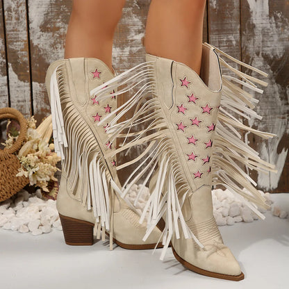Women's Mid-Calf Star Embroidered Boots High Heel Western Style Autumn New Tassel Western Boots for Women Rubber Botas Feminino - CB042