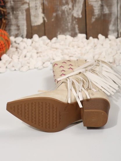 Women's Mid-Calf Star Embroidered Boots High Heel Western Style Autumn New Tassel Western Boots for Women Rubber Botas Feminino - CB042
