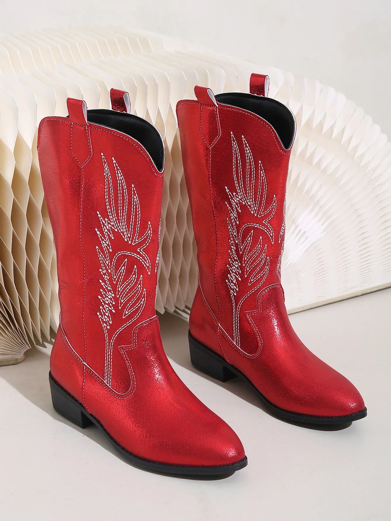 Women's Mid-Calf Star Embroidered Boots High Heel Western Style Autumn New Tassel Western Boots for Women Rubber Botas Feminino - CB043