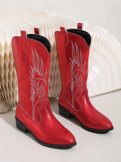 Women's Mid-Calf Star Embroidered Boots High Heel Western Style Autumn New Tassel Western Boots for Women Rubber Botas Feminino - CB043