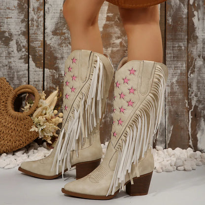 Women's Mid-Calf Star Embroidered Boots High Heel Western Style Autumn New Tassel Western Boots for Women Rubber Botas Feminino - CB042