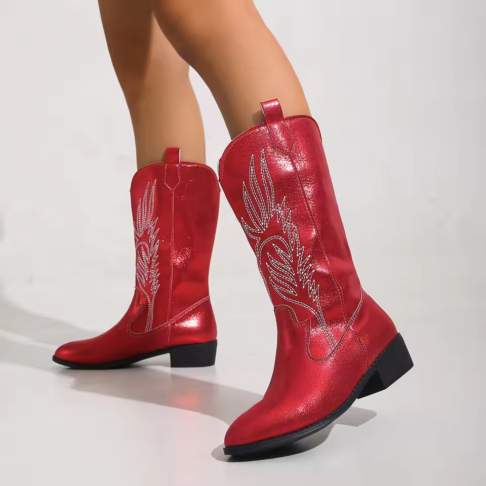 Women's Mid-Calf Star Embroidered Boots High Heel Western Style Autumn New Tassel Western Boots for Women Rubber Botas Feminino - CB043